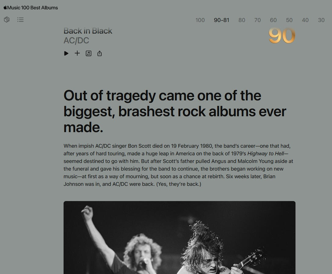 Original Apple Music editorial copy for AC/DC’s Back in Black, created for Apple Music’s 100 Best Albums.