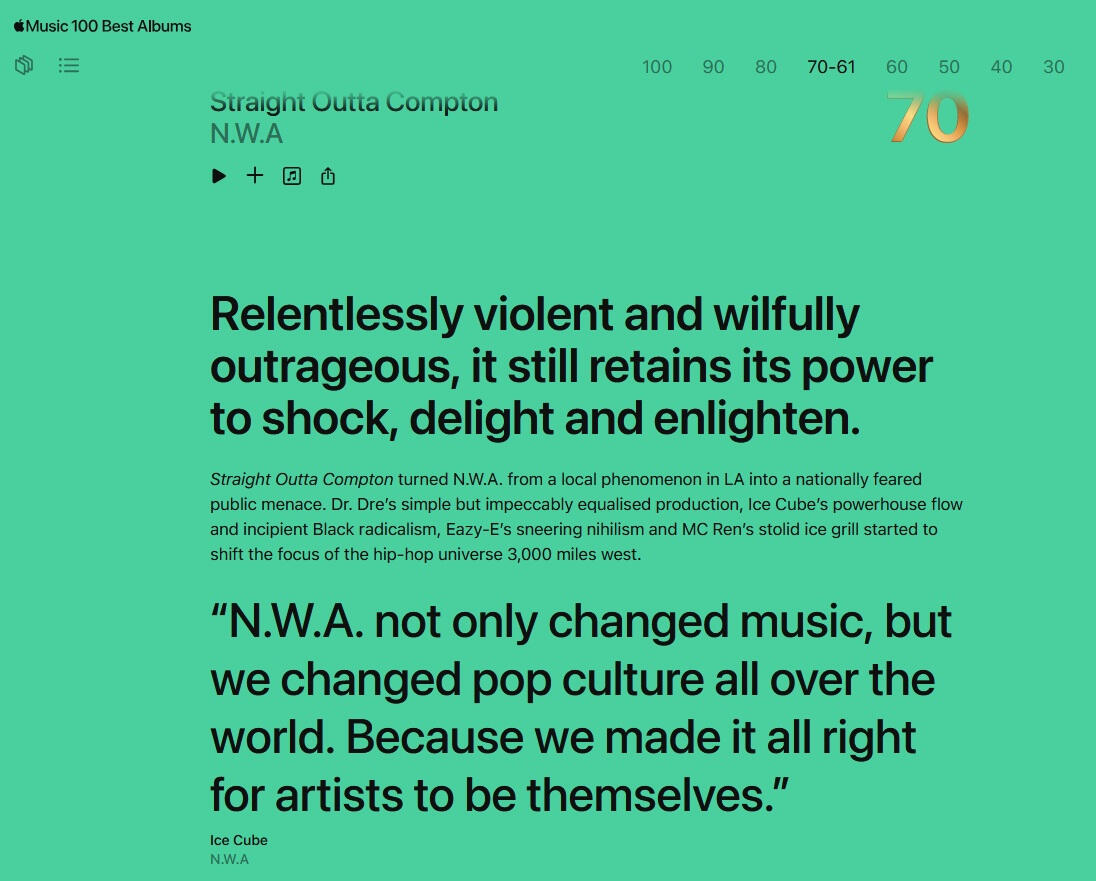 Original Apple Music editorial copy for N.W.A.’s Straight Outta Compton, created for Apple Music’s 100 Best Albums.