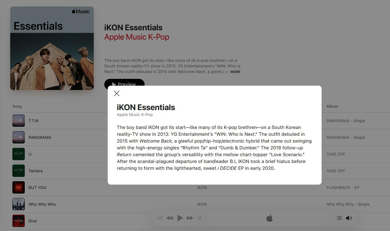 Apple Music editorial for iKON Essentials, tracing the K-pop group’s career and musical evolution.