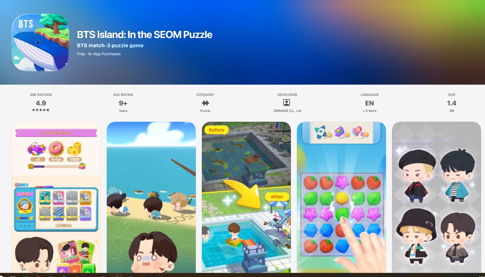 Original App Store editorial copy for BTS Island: In the SEOM, featuring gameplay, character, and BTS-themed content.