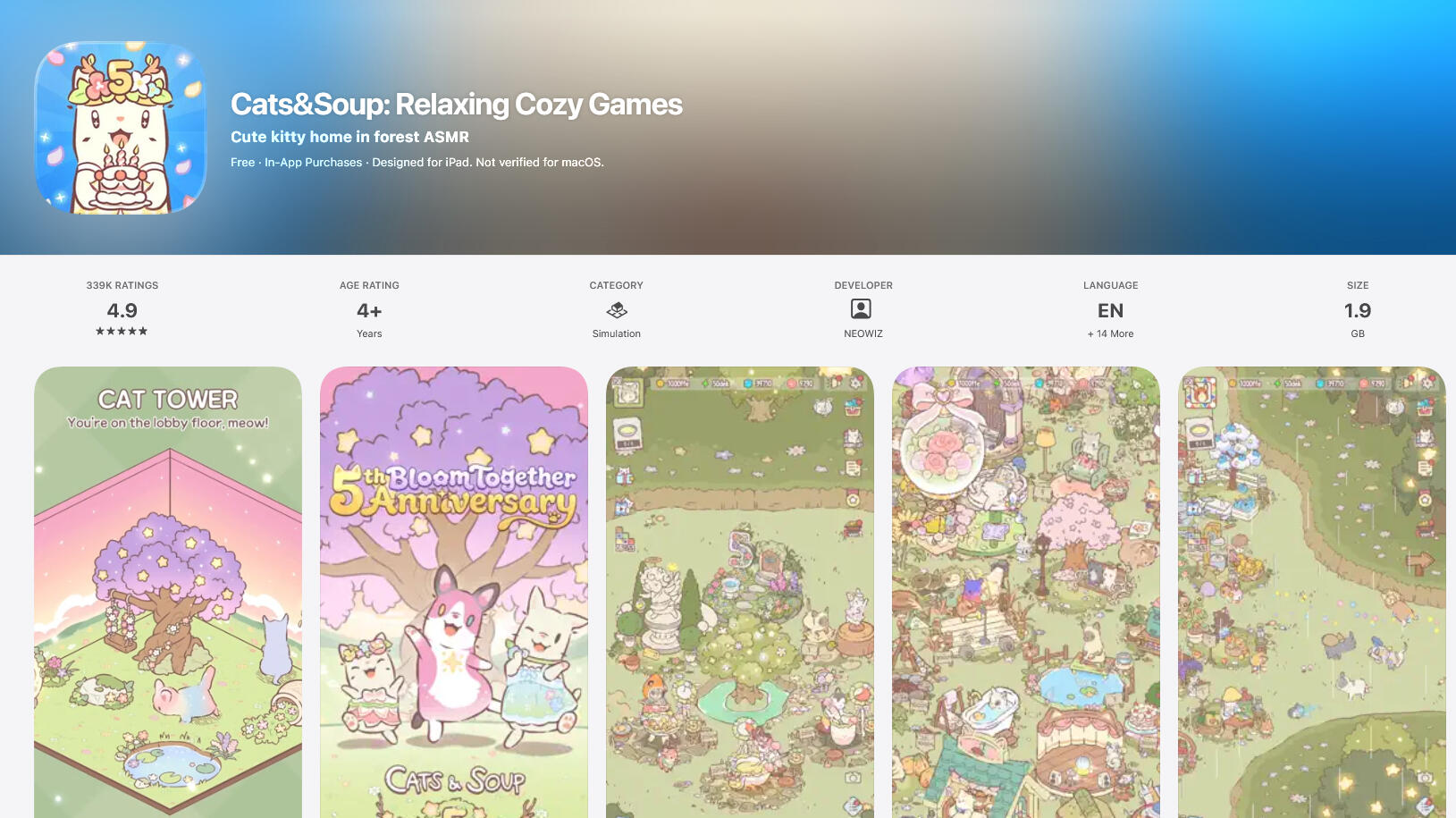 Original App Store editorial copy for Cats & Soup, featuring cozy gameplay, characters and developer storytelling.