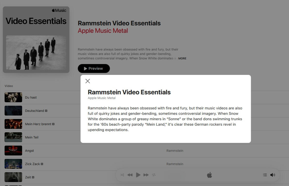 Screenshot of Rammstein Video Essentials editorial published on Apple Music