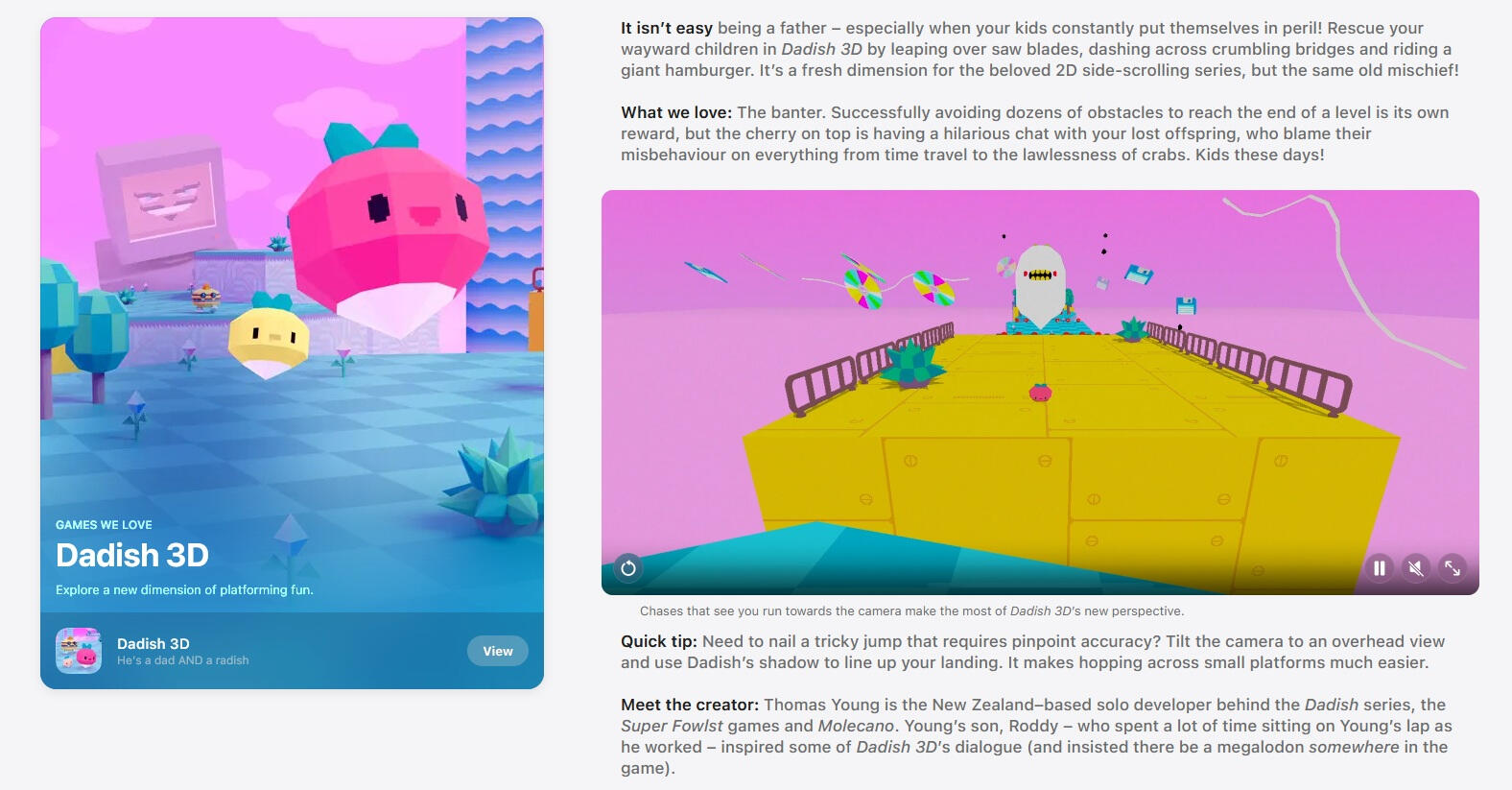 Screenshot of the Dadish 3D App Store editorial feature, including gameplay highlights and an interview with solo developer Thomas Young.